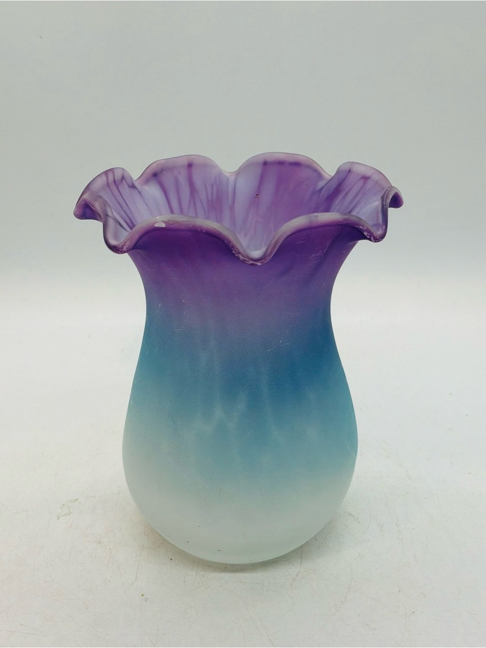 Ombré White, Blues Into Purple Frosted Glass Ruffled Flower Bud Vase  4.5”x3.5”